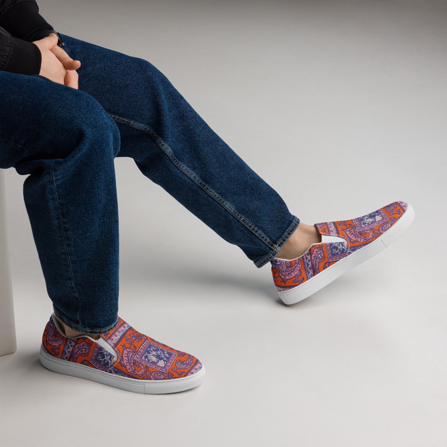Orange Paisley Print Men’s slip-on canvas shoes - wray sports