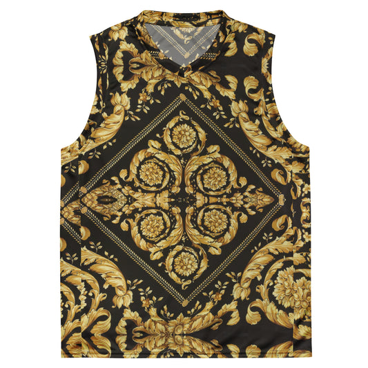 Baroque Gold Scarf Print Recycled Unisex V Neck Basketball Jersey