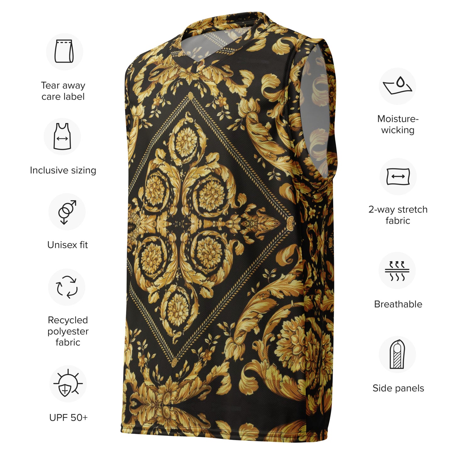 Baroque Gold Scarf Print Recycled Unisex V Neck Basketball Jersey