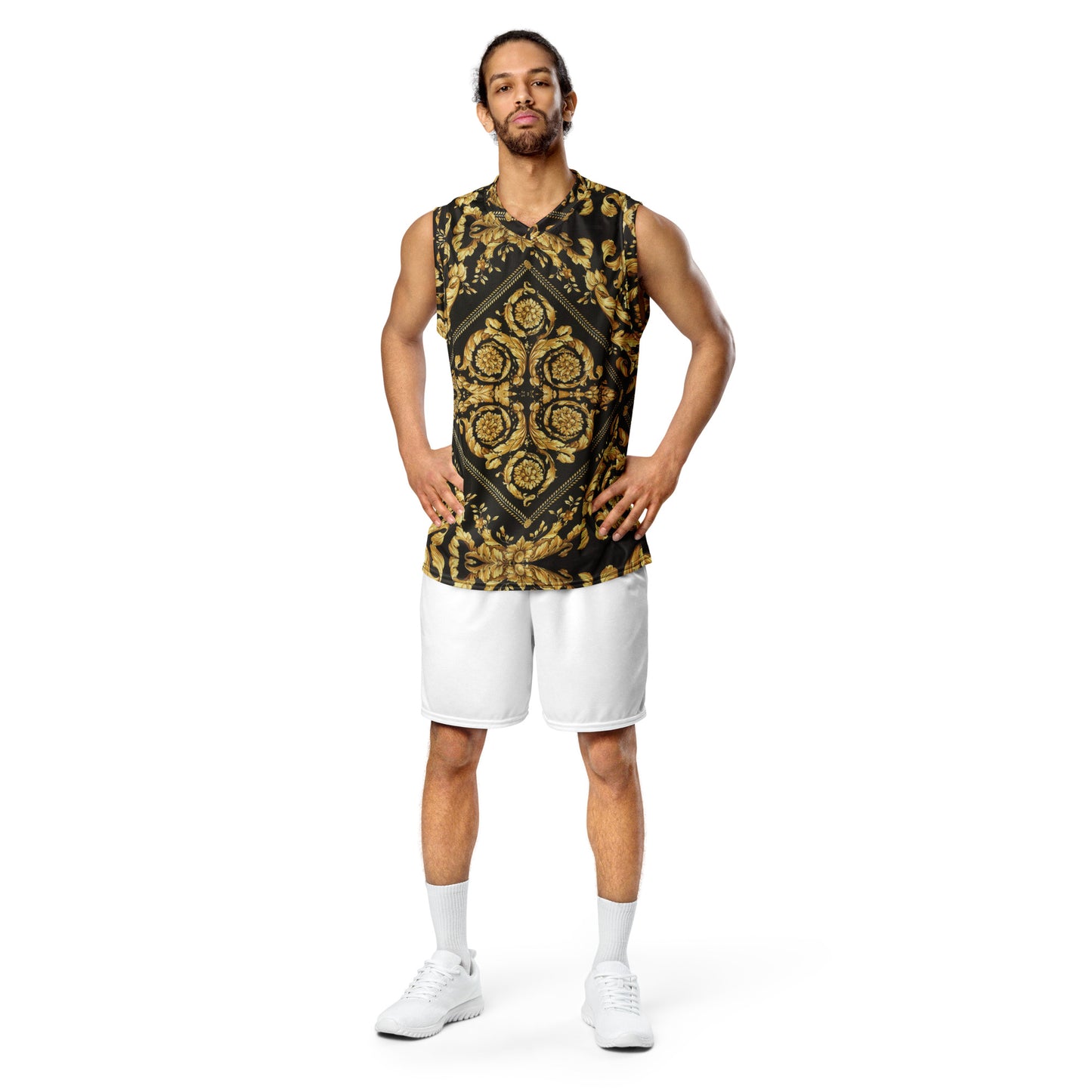 Baroque Gold Scarf Print Recycled Unisex V Neck Basketball Jersey