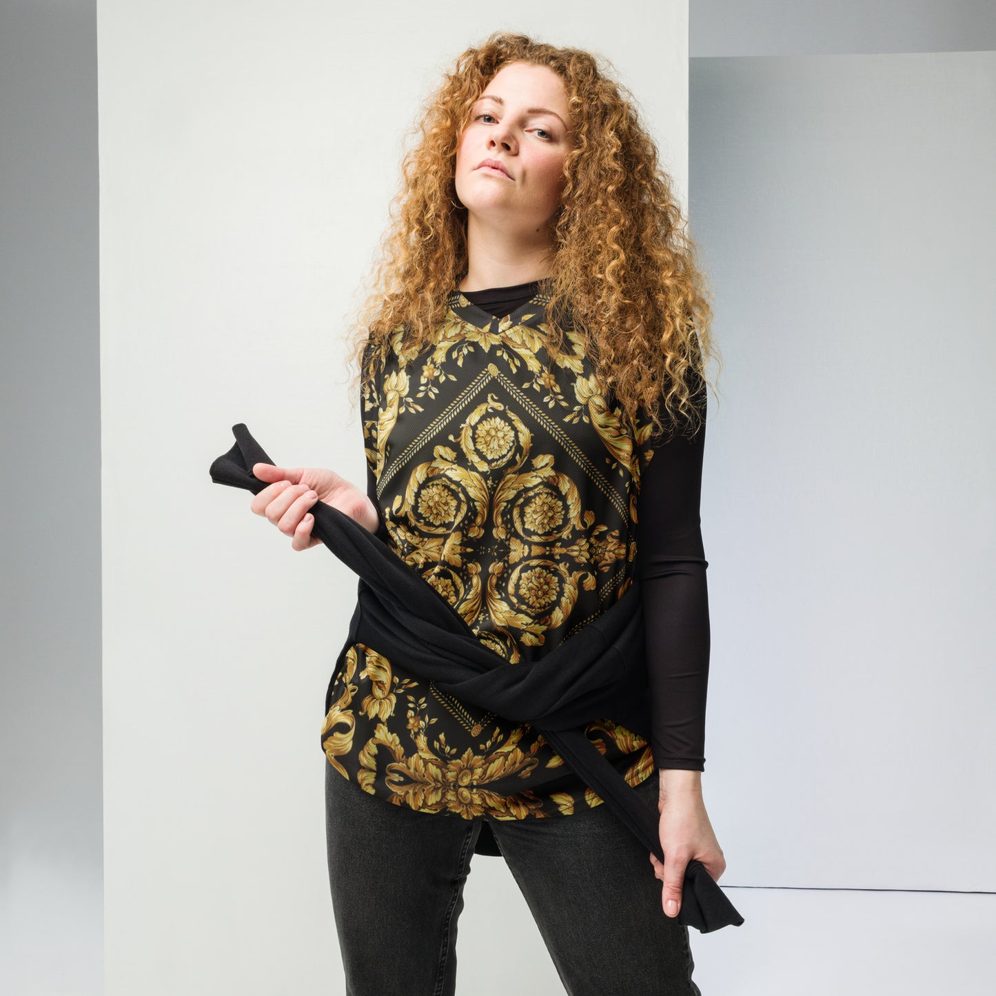 Baroque Gold Scarf Print Recycled Unisex V Neck Basketball Jersey