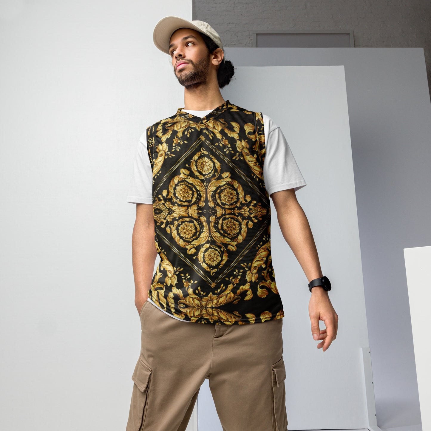 Baroque Gold Scarf Print Recycled Unisex V Neck Basketball Jersey