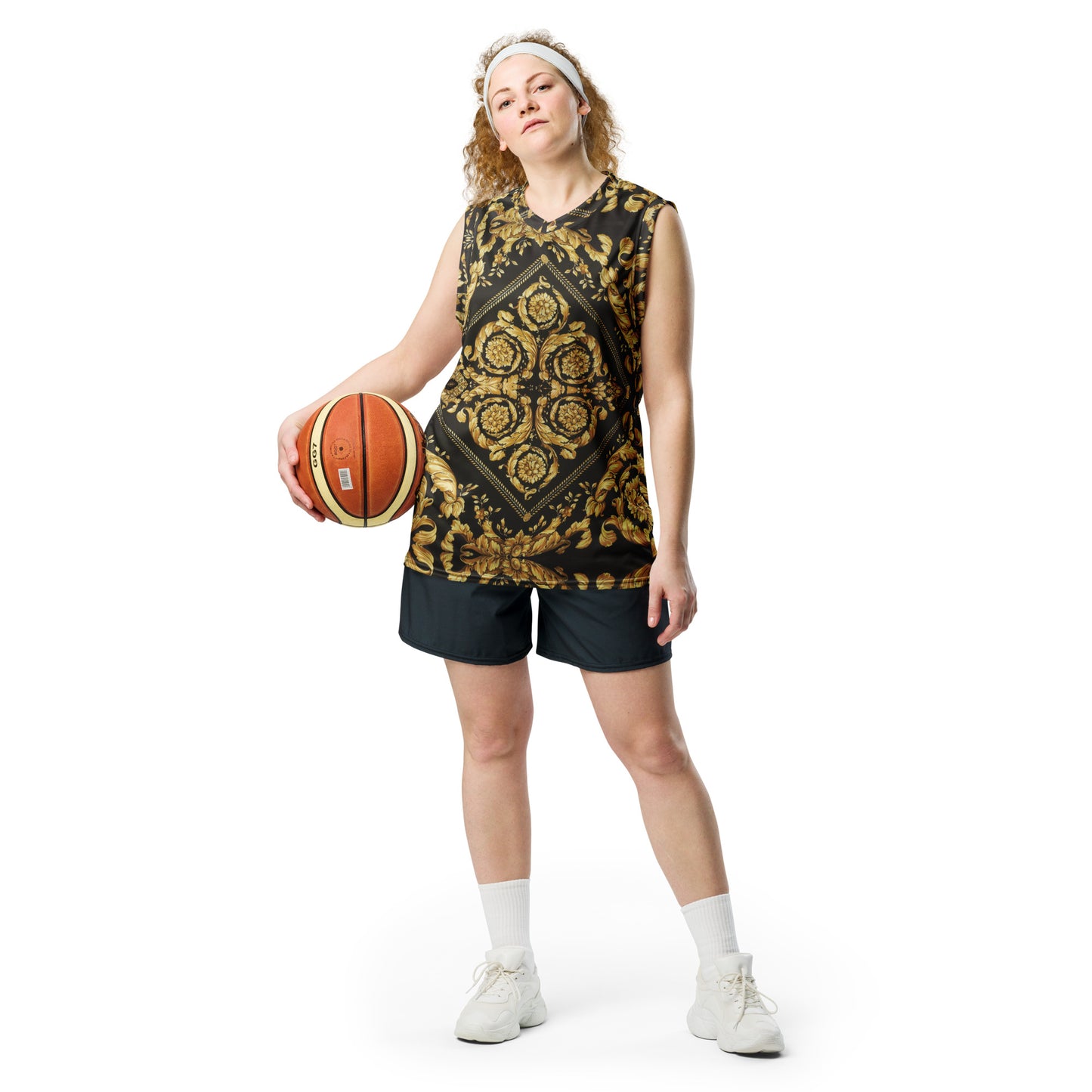 Baroque Gold Scarf Print Recycled Unisex V Neck Basketball Jersey