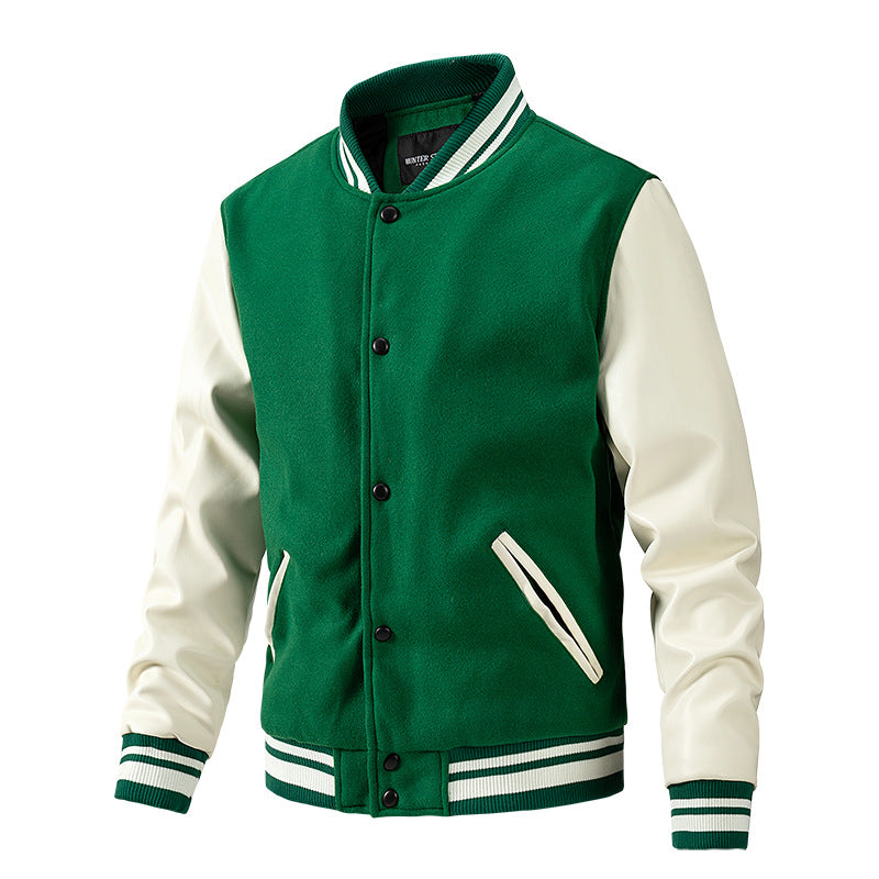 Classical Mens Black-Green Leather Varsity Letterman Bomber Jacket | Genuine Leather Varsity Jackets for Mens | Palaleather , Green & Black / XL