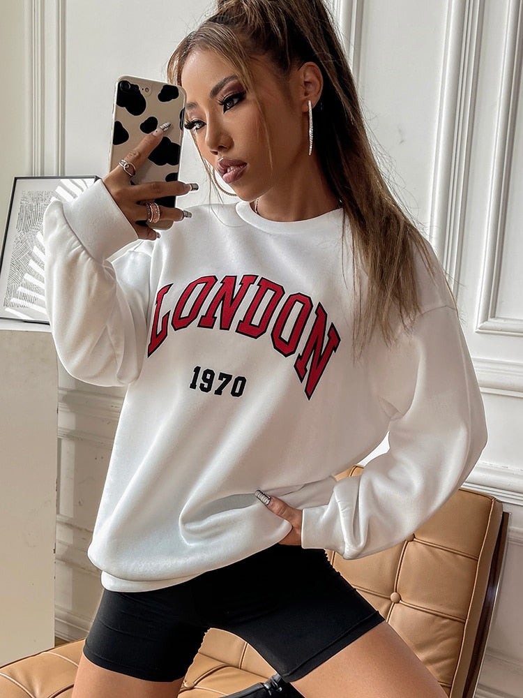 Womens White and Red London 1970 College Sweatshirt