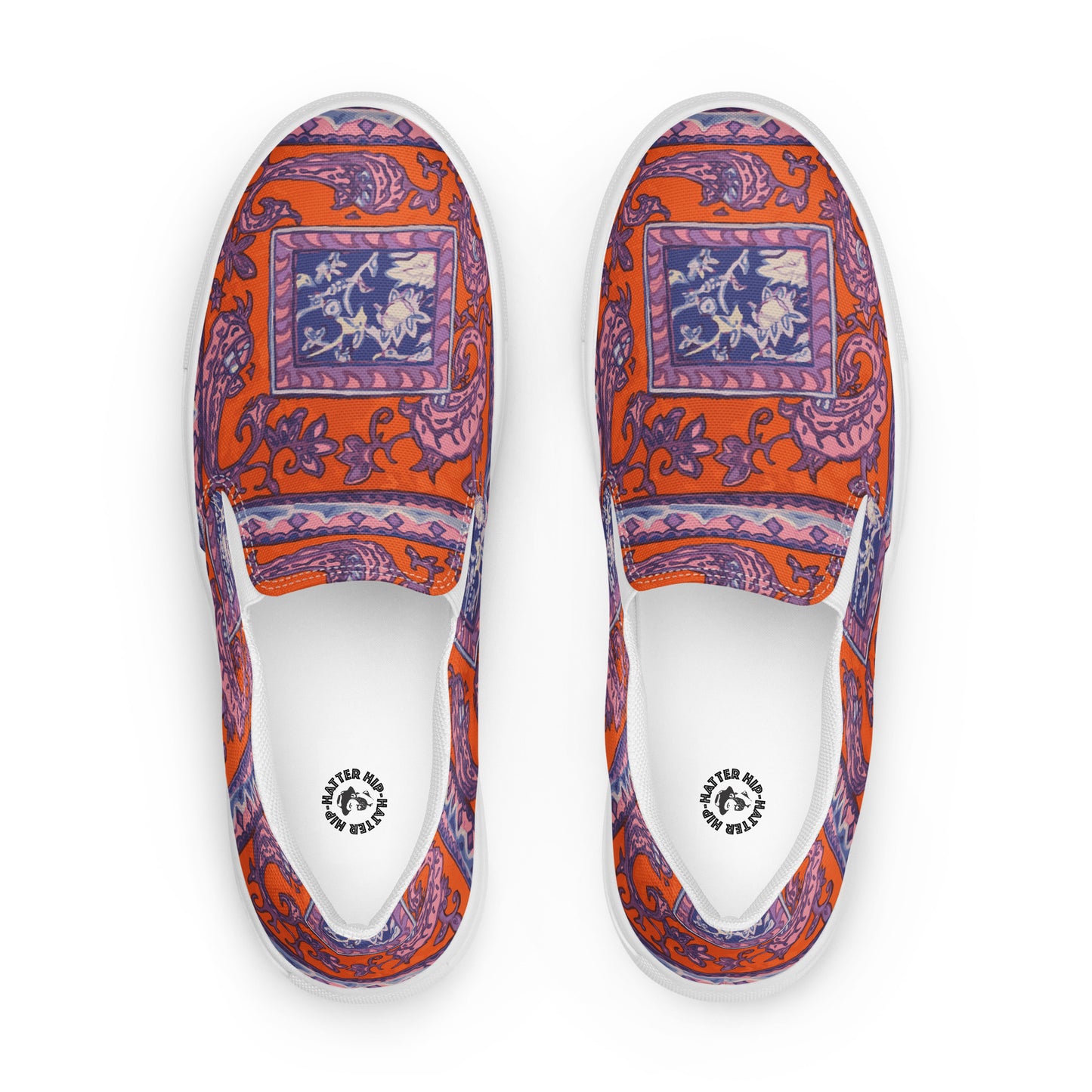 Orange Paisley Print Men’s slip-on canvas shoes - wray sports