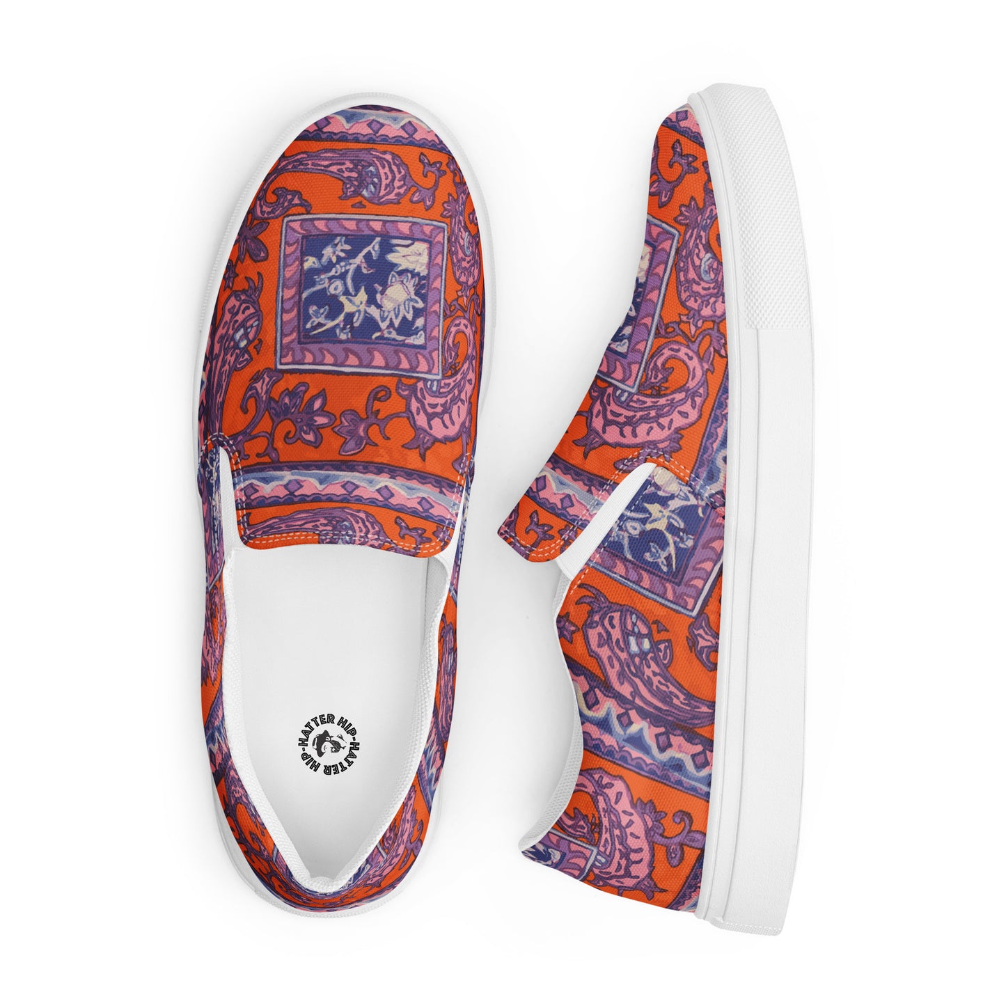 Orange Paisley Print Men’s slip-on canvas shoes - wray sports