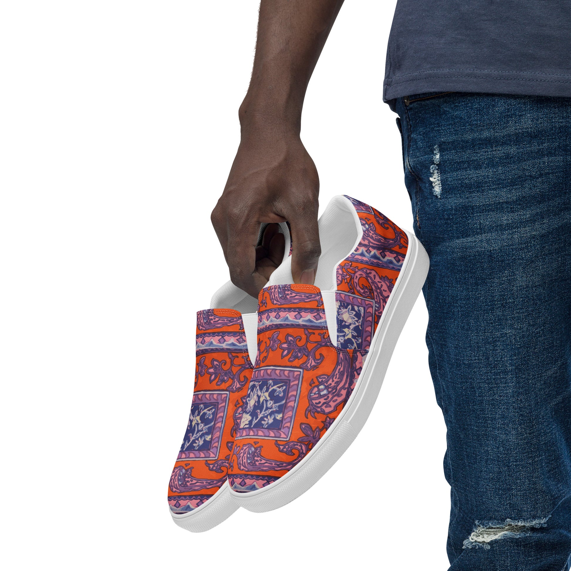 Orange Paisley Print Men’s slip-on canvas shoes - wray sports