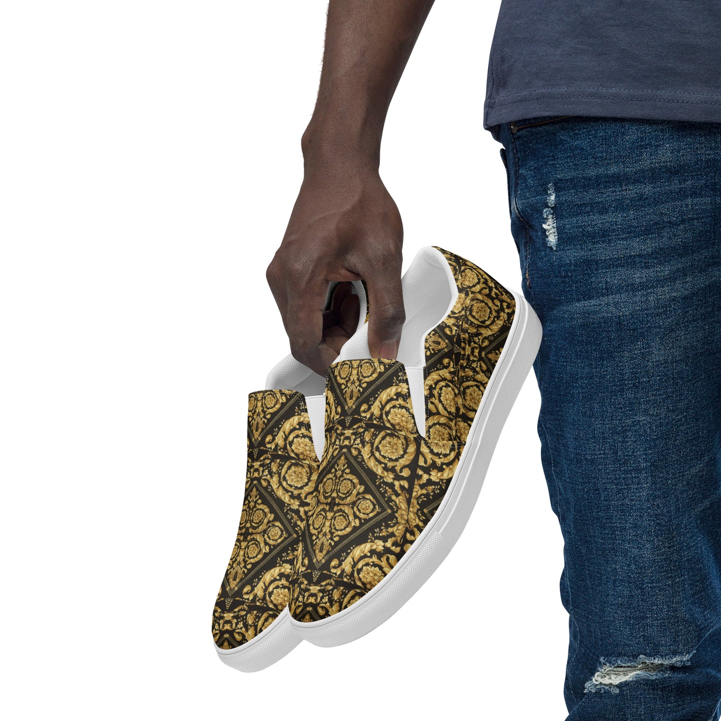 Gold Baroque Scarf Print Men’s slip-on canvas shoes - wray sports