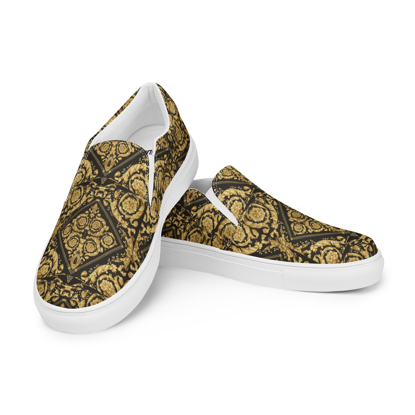 Gold Baroque Scarf Print Men’s slip-on canvas shoes - wray sports