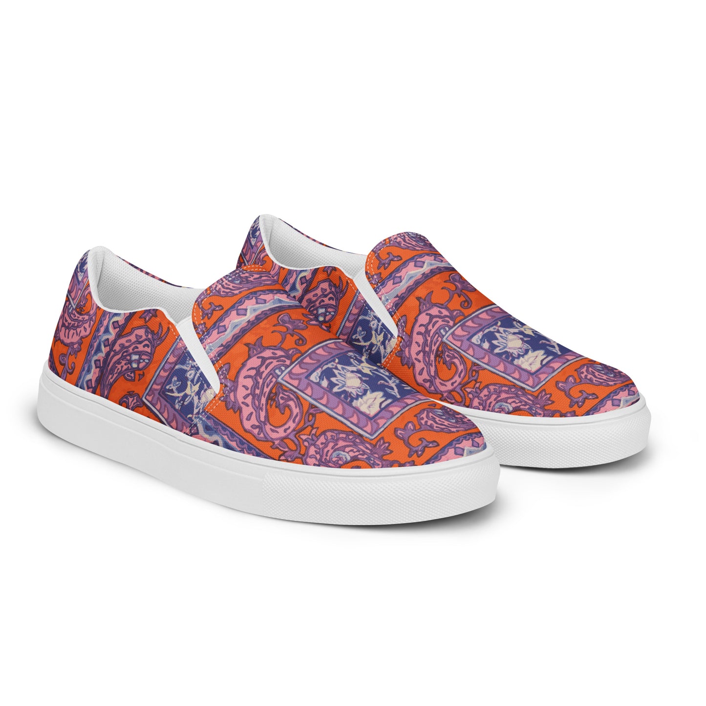 Orange Paisley Print Men’s slip-on canvas shoes - wray sports